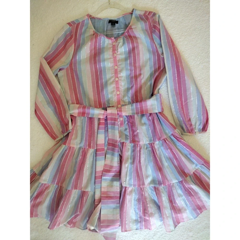 J. CREW Dress‎ Woman M PINK/ Silver Striped Belted Ruffled Long Sleeve Lined